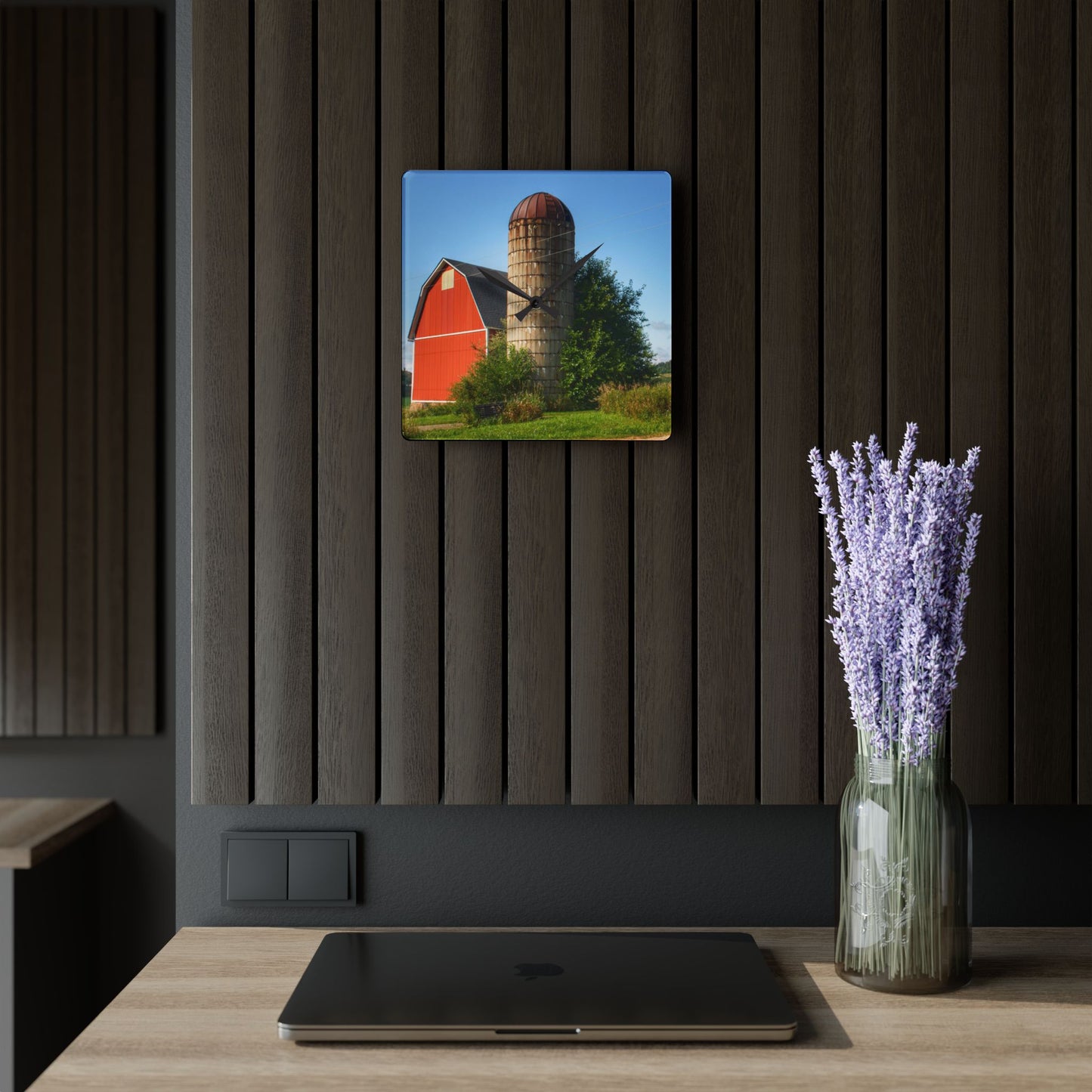 U R There Photography August Red and Silo Rustic Farmhouse Acrylic Analog Wall Clock