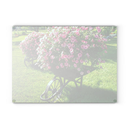 Barn Boutique Rustic Tempered-Glass Cutting Board| Wheelbarrow Full of Flowers