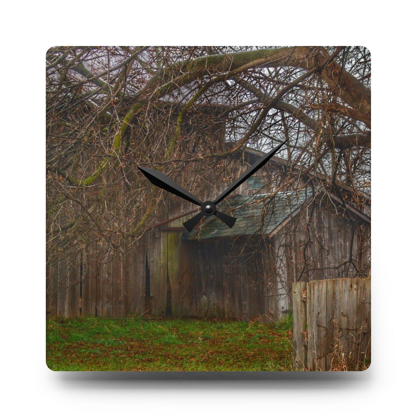 U R There Photography Bowers Road Greys III Rustic Farmhouse Acrylic Analog Wall Clock