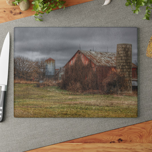 U R There Photography Slattery Road Old Red and Silo II Rustic Farmhouse Tempered-Glass Cutting Board 8"x 11"d