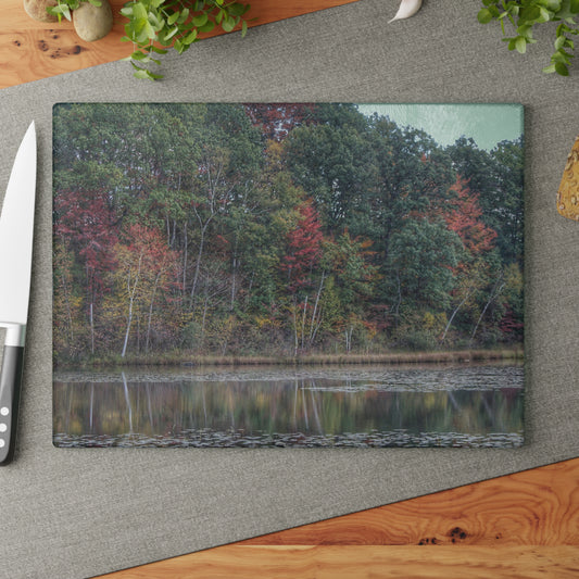 U R There Photography Fall on Murphy Lake IV Rustic Farmhouse Tempered-Glass Cutting Board