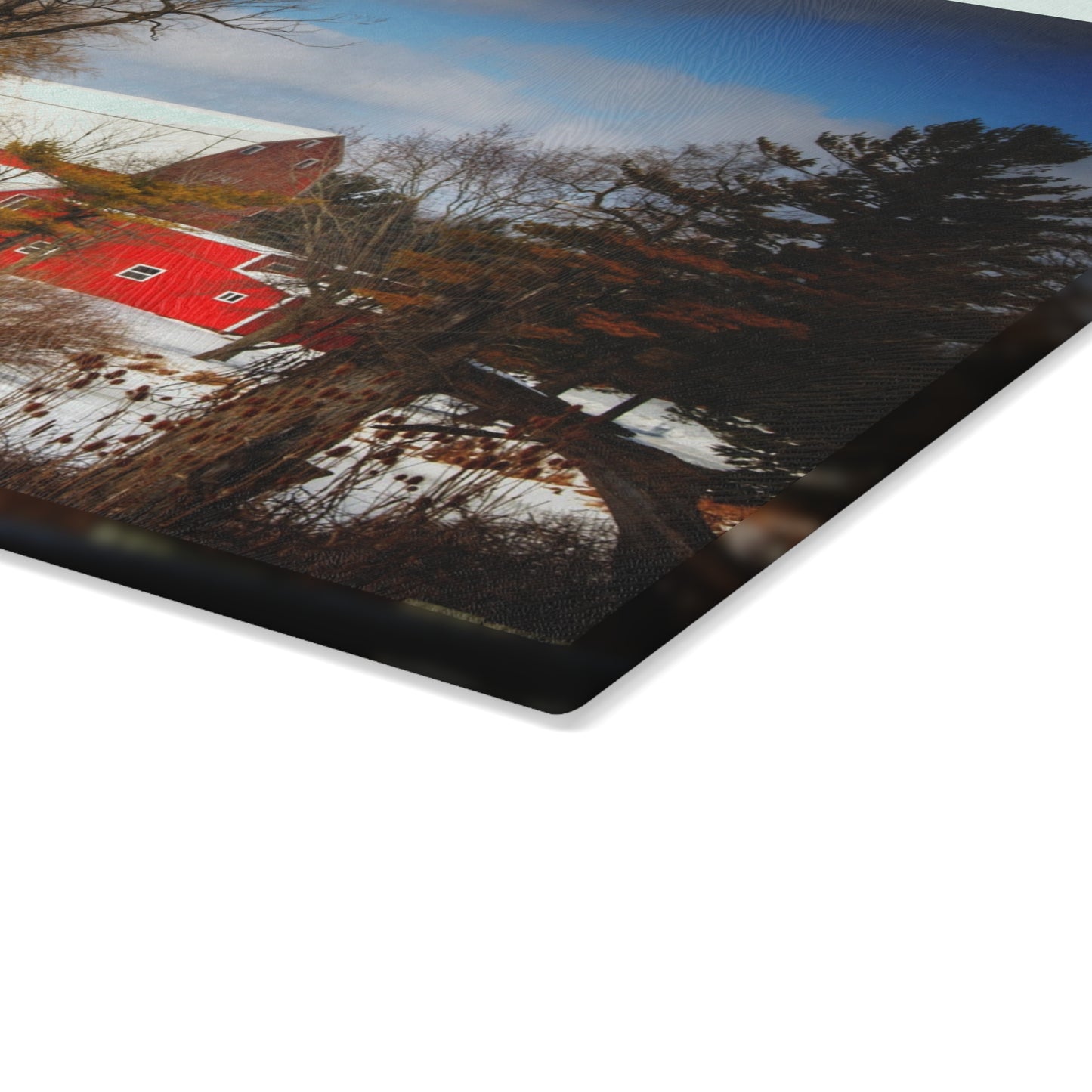 U R There Photography Hadley Road Hidden Winter Red Rustic Farmhouse Tempered-Glass Cutting Board