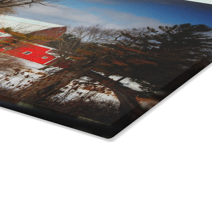 U R There Photography Hadley Road Hidden Winter Red Rustic Farmhouse Tempered-Glass Cutting Board