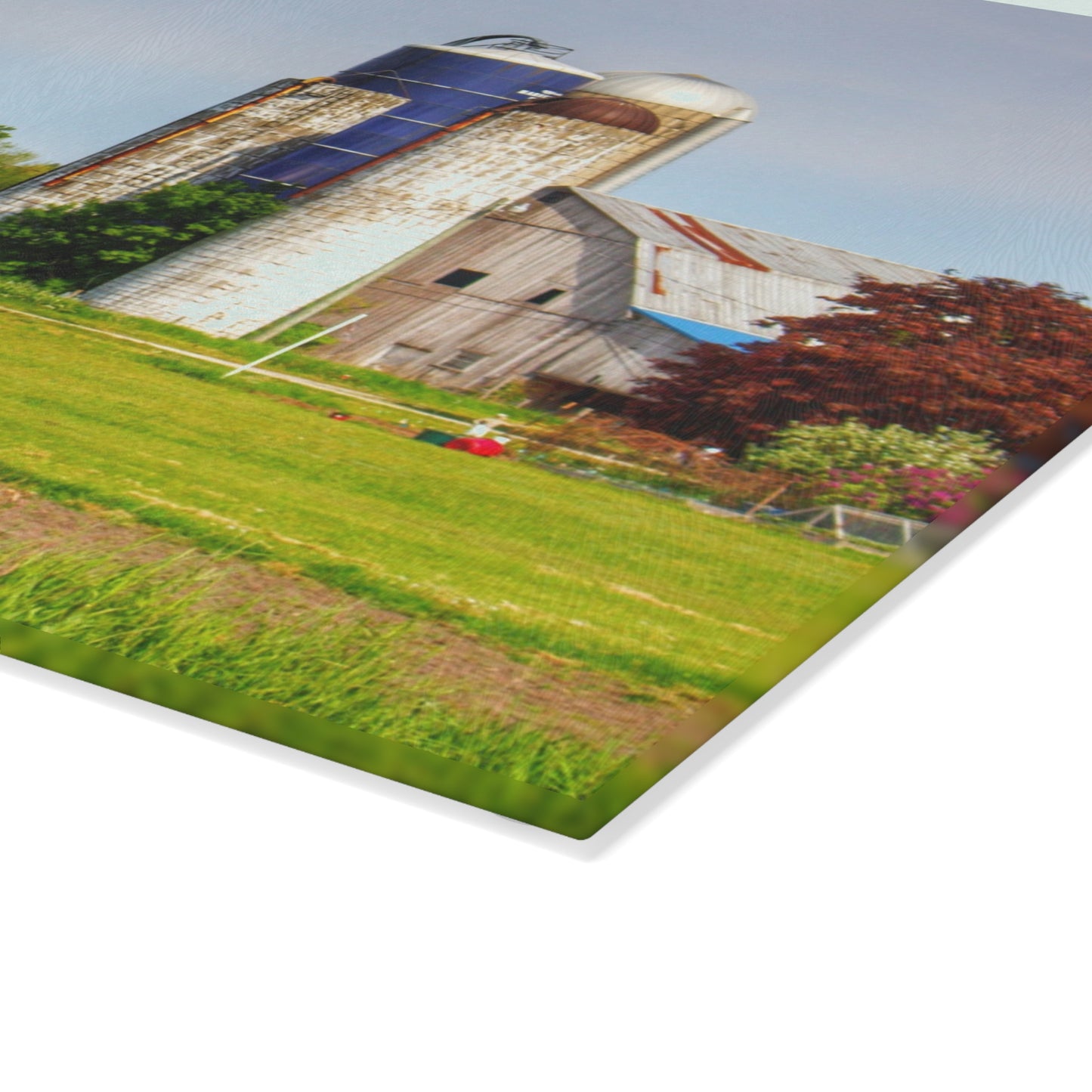 U R There Photography M-25 Old Grey and Silos Rustic Farmhouse Tempered-Glass Cutting Board