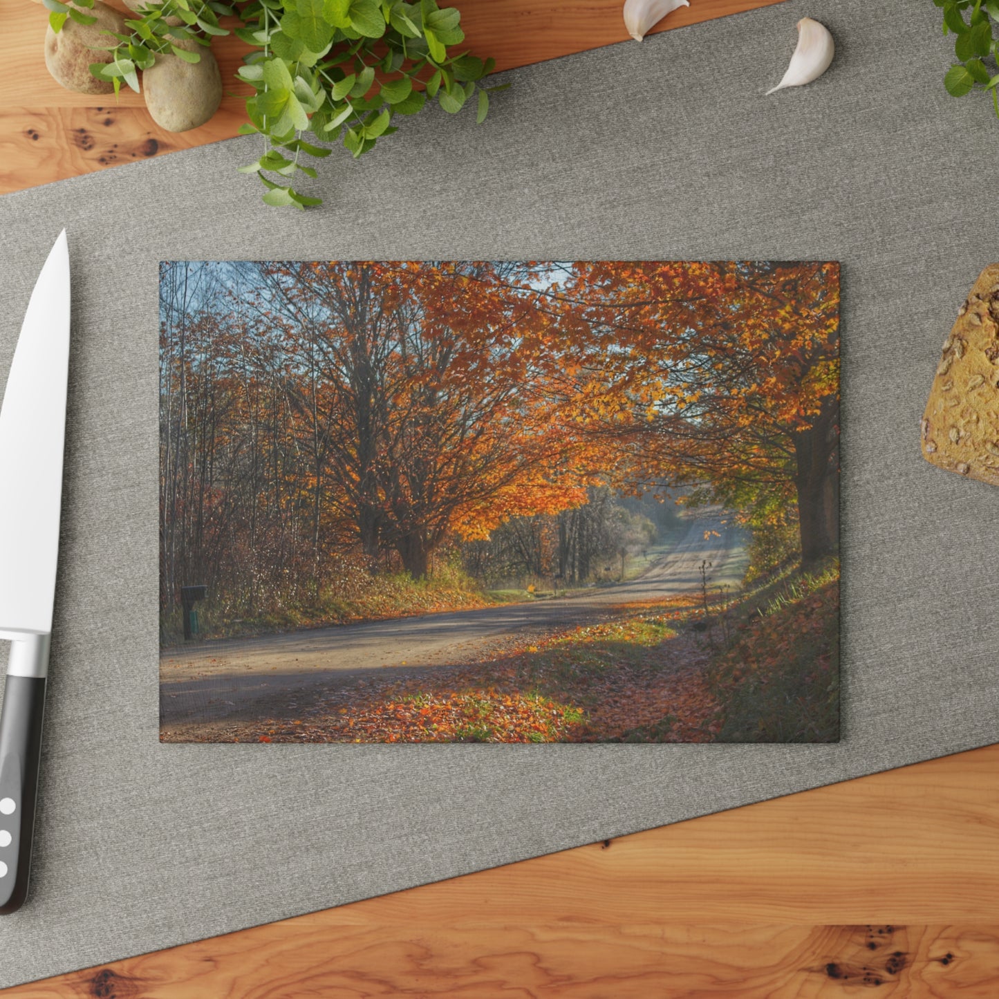 U R There Photography Fall on Oak Road Rustic Farmhouse Tempered-Glass Cutting Board