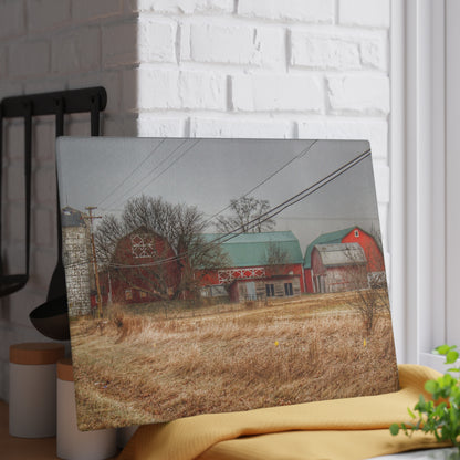 U R There Photography Mound Road Reds and Silo Rustic Farmhouse Tempered-Glass Cutting Board