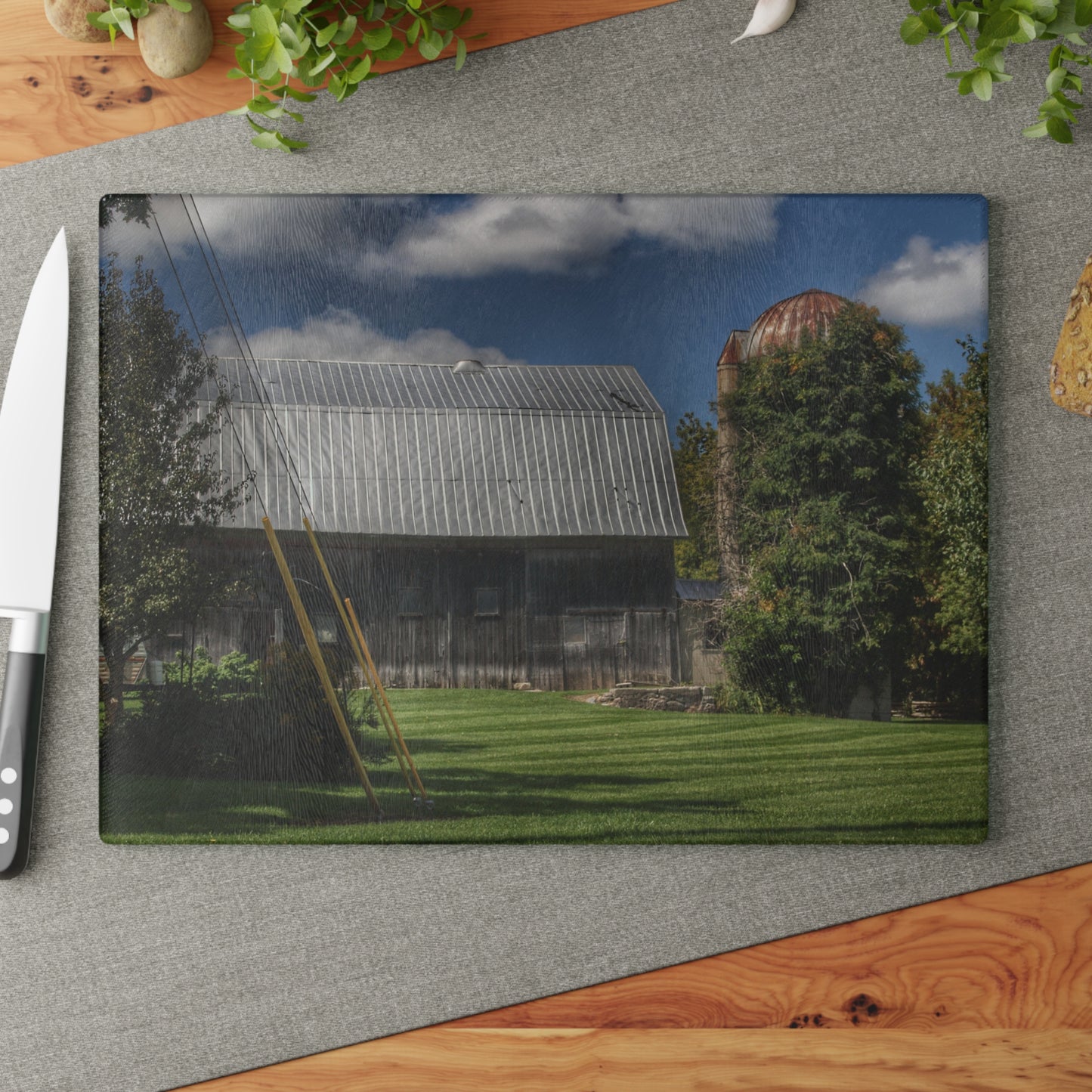 U R There Photography Ludwig Road Summer Grey and Silo Rustic Farmhouse Tempered-Glass Cutting Board