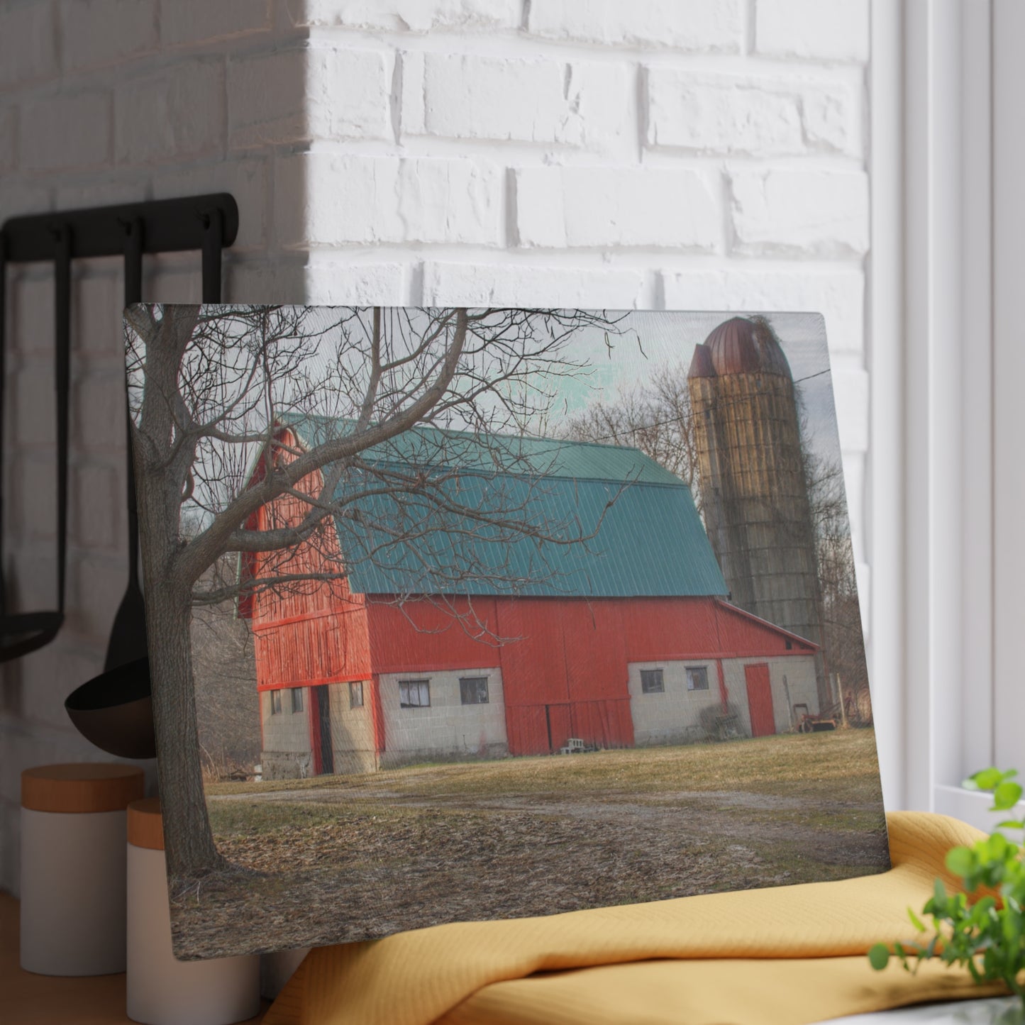 U R There Photography Wilson Road Red and Silo I Rustic Farmhouse Tempered-Glass Cutting Board