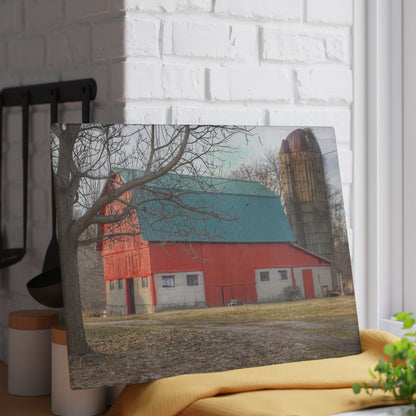 U R There Photography Wilson Road Red and Silo I Rustic Farmhouse Tempered-Glass Cutting Board