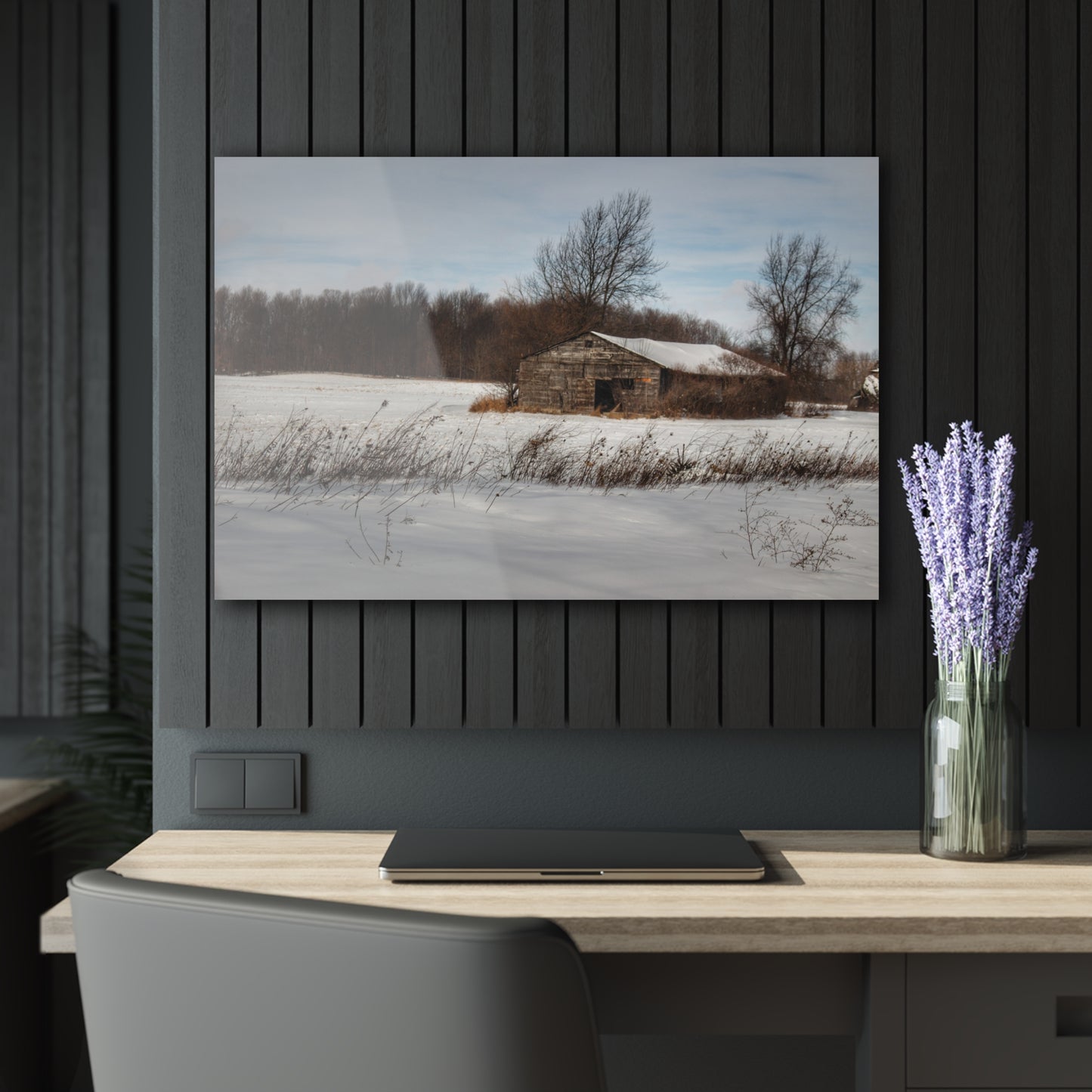 U R There Photography Frozen Grey Shack of Kingston Rustic Farmhouse Acrylic Wall Print