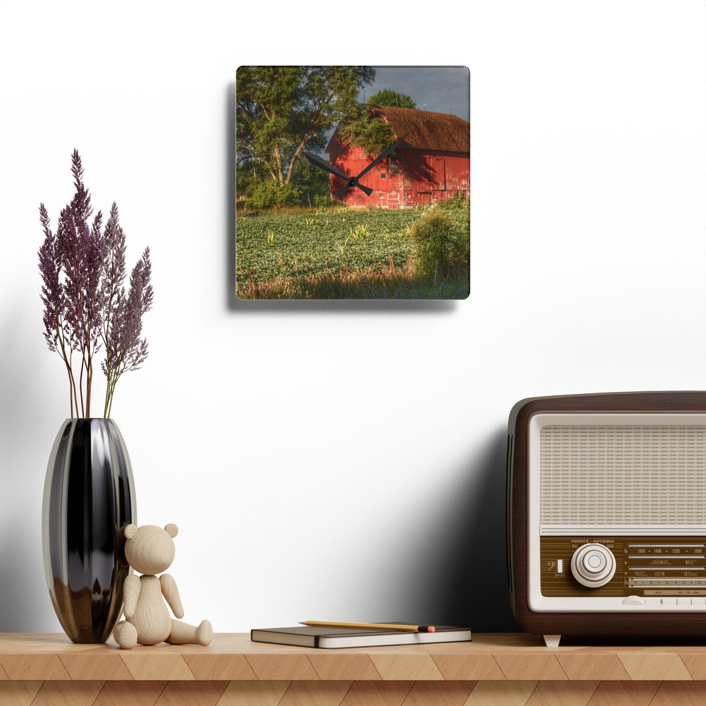 U R There Photography Genesee Road Red II Rustic Farmhouse Acrylic Analog Wall Clock