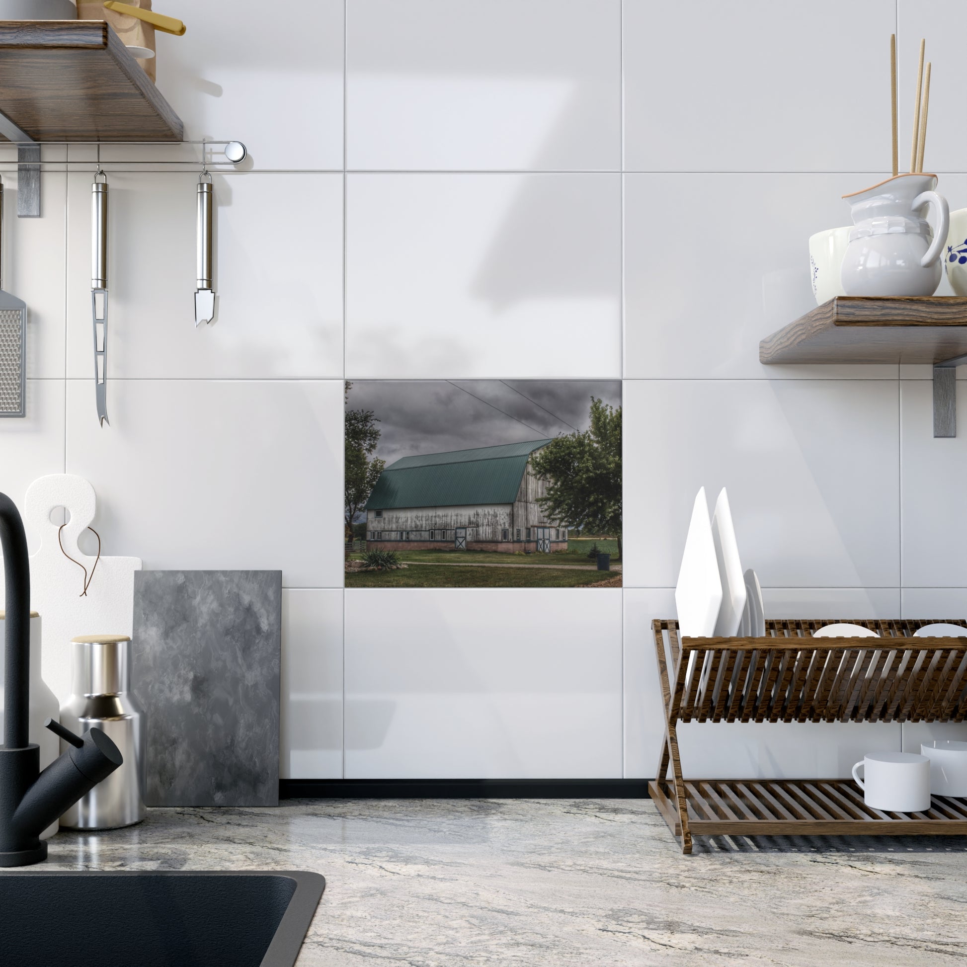 U R There Photography Bristol Road White II Rustic Farmhouse Decorative Ceramic Tile 6" × 8" Glossy