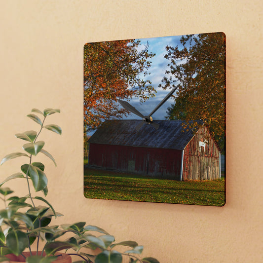 U R There Photography Marlette Road Fall Red Rustic Farmhouse Acrylic Analog Wall Clock