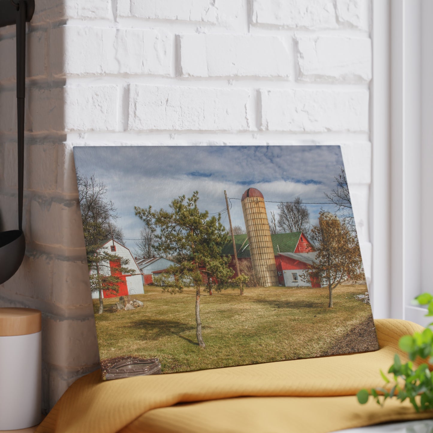 U R There Photography Newark Road Red and Silos I Rustic Farmhouse Tempered-Glass Cutting Board