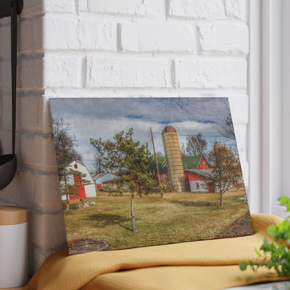 U R There Photography Newark Road Red and Silos I Rustic Farmhouse Tempered-Glass Cutting Board