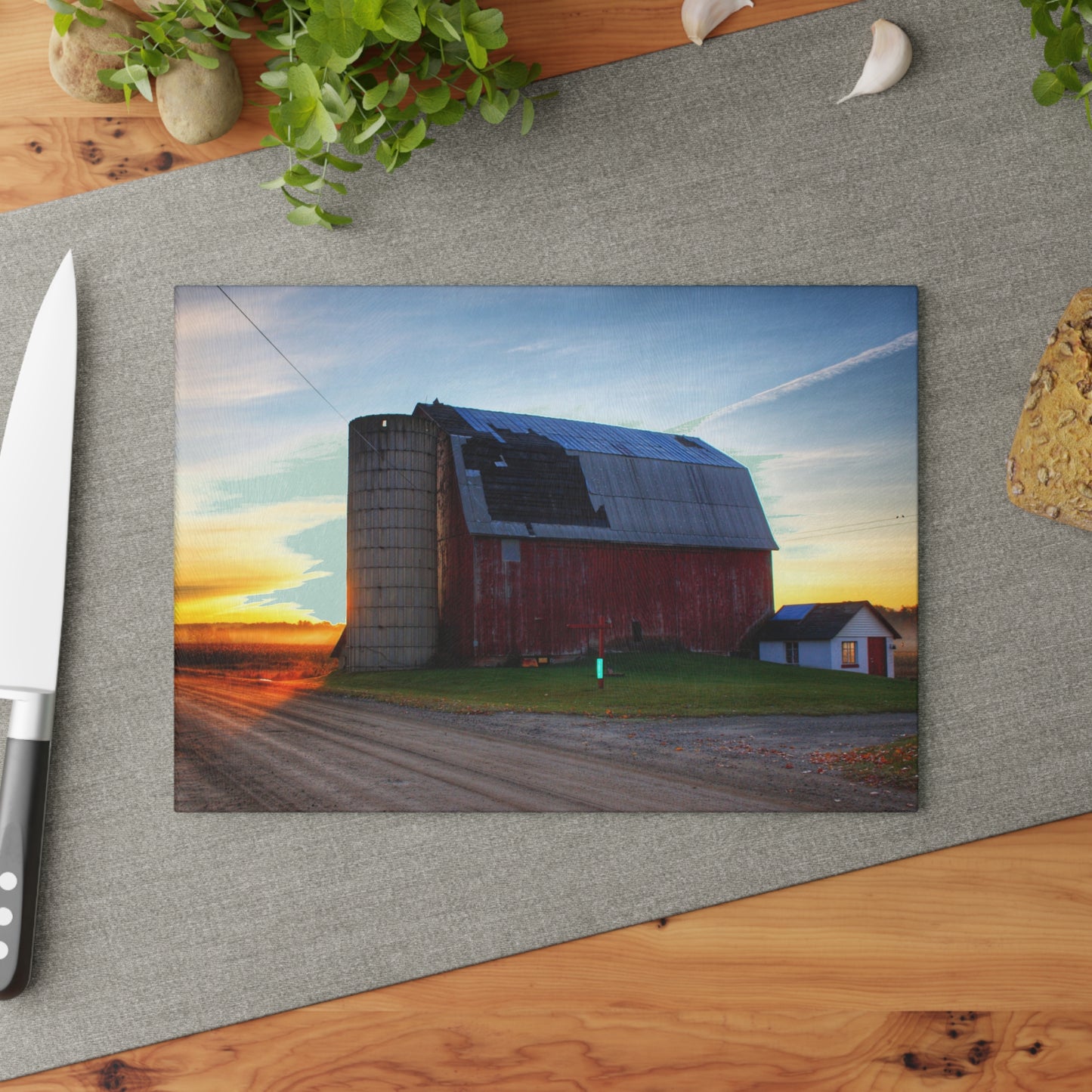 U R There Photography Haines Road Red at Sunrise Rustic Farmhouse Tempered-Glass Cutting Board