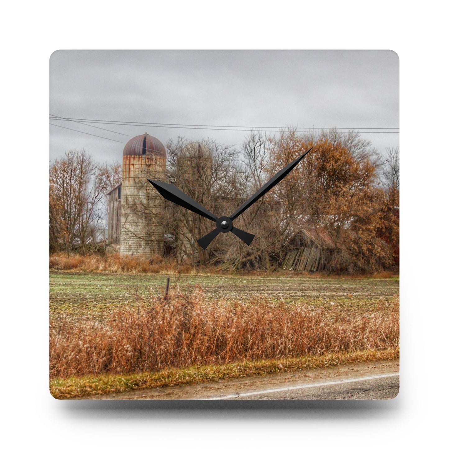 U R There Photography Burnside Road Grey II Rustic Farmhouse Acrylic Analog Wall Clock