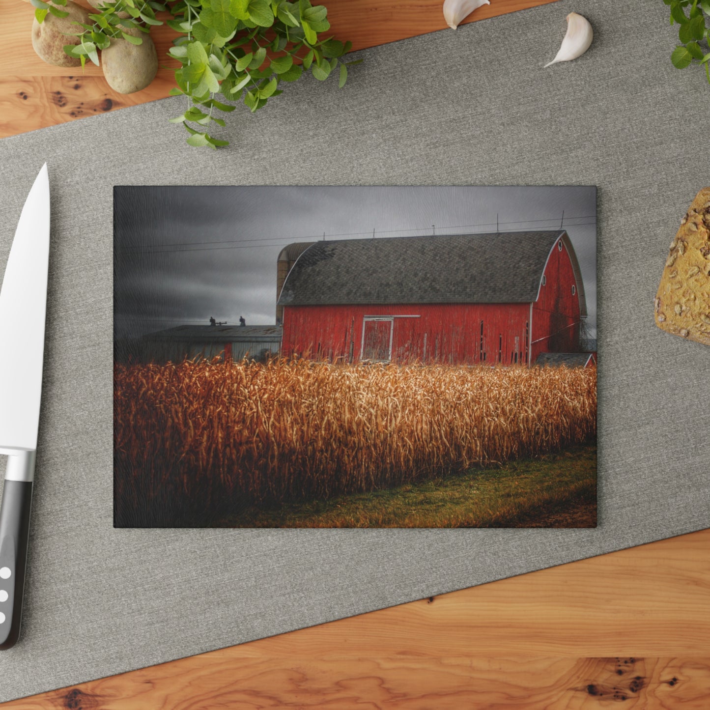 U R There Photography Slattery Road Cornfield Red Rustic Farmhouse Tempered-Glass Cutting Board
