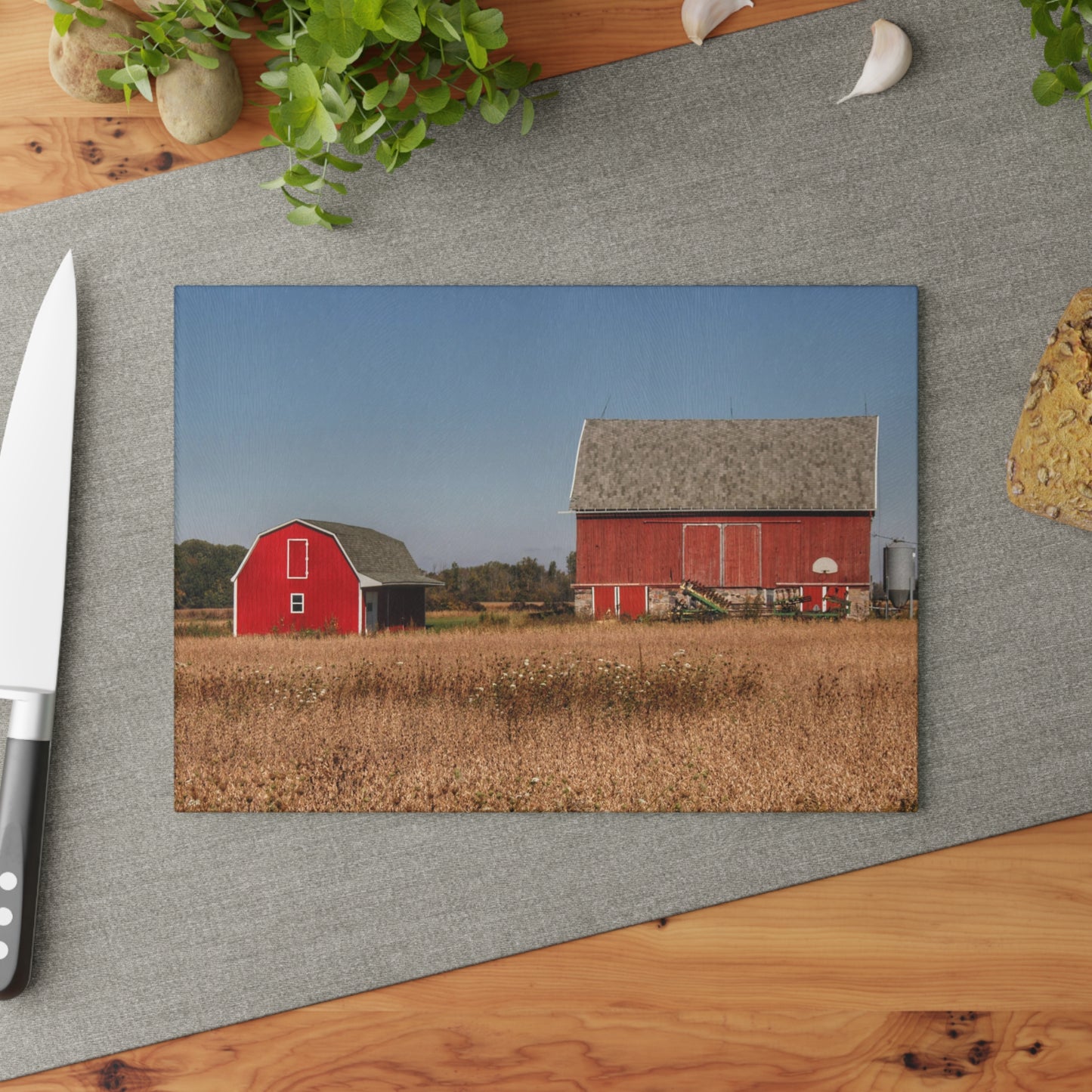 U R There Photography Brown City Wellman Line Road Reds Rustic Farmhouse Tempered-Glass Cutting Board