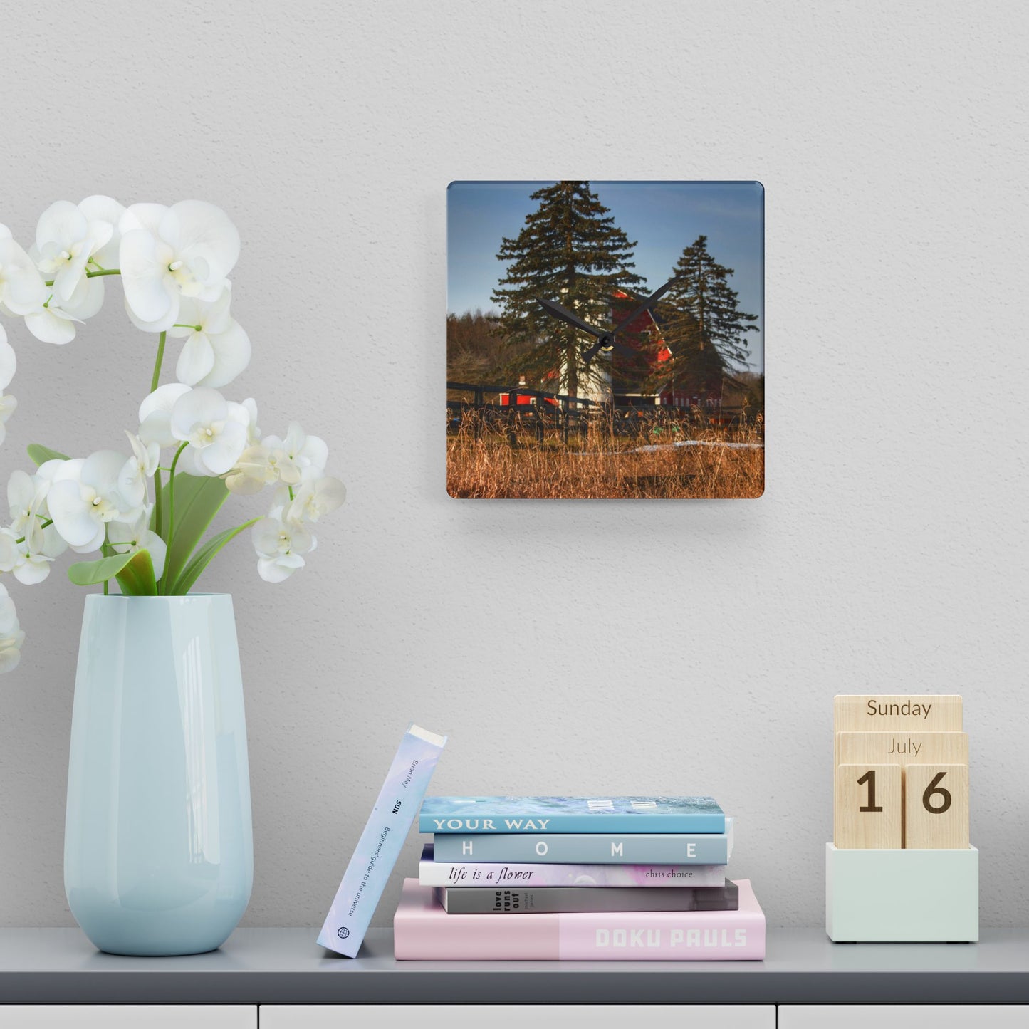 U R There Photography Blood Road Red I Rustic Farmhouse Acrylic Analog Wall Clock