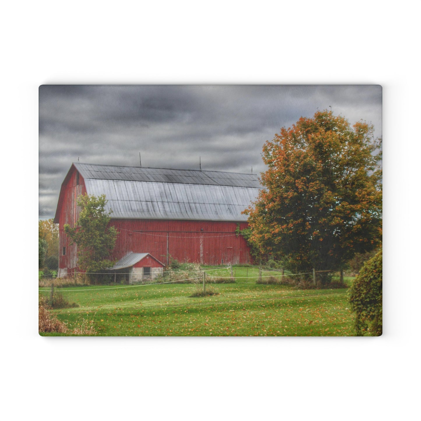 Barn Boutique Rustic Tempered-Glass Cutting Board| Columbiaville Red in Fall II