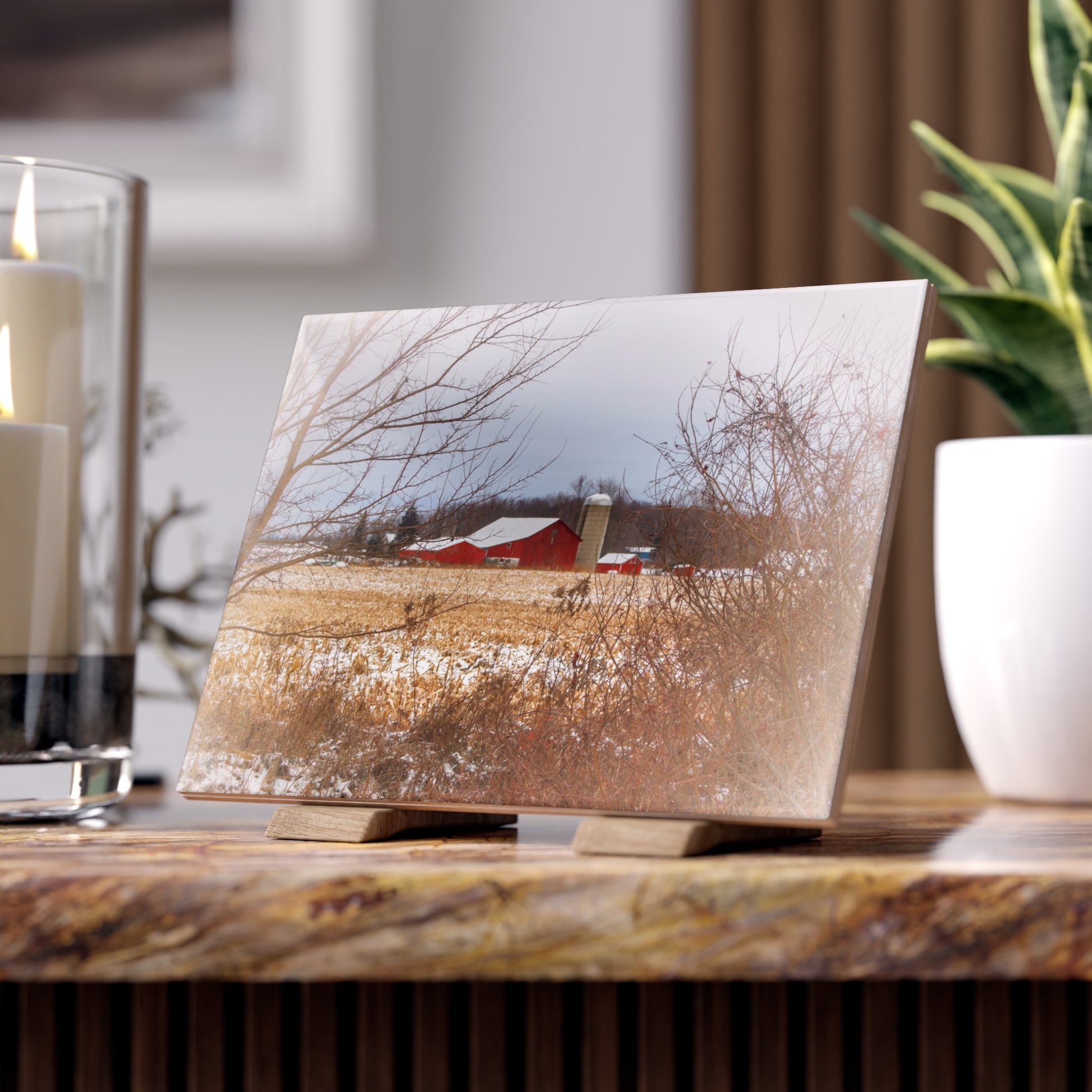 U R There Photography Brook Road Red in Winter Rustic Farmhouse Decorative Ceramic Tile 6" × 8" Glossy