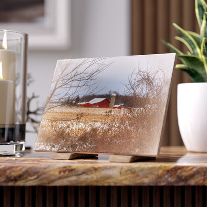 U R There Photography Brook Road Red in Winter Rustic Farmhouse Decorative Ceramic Tile 6" × 8" Glossy