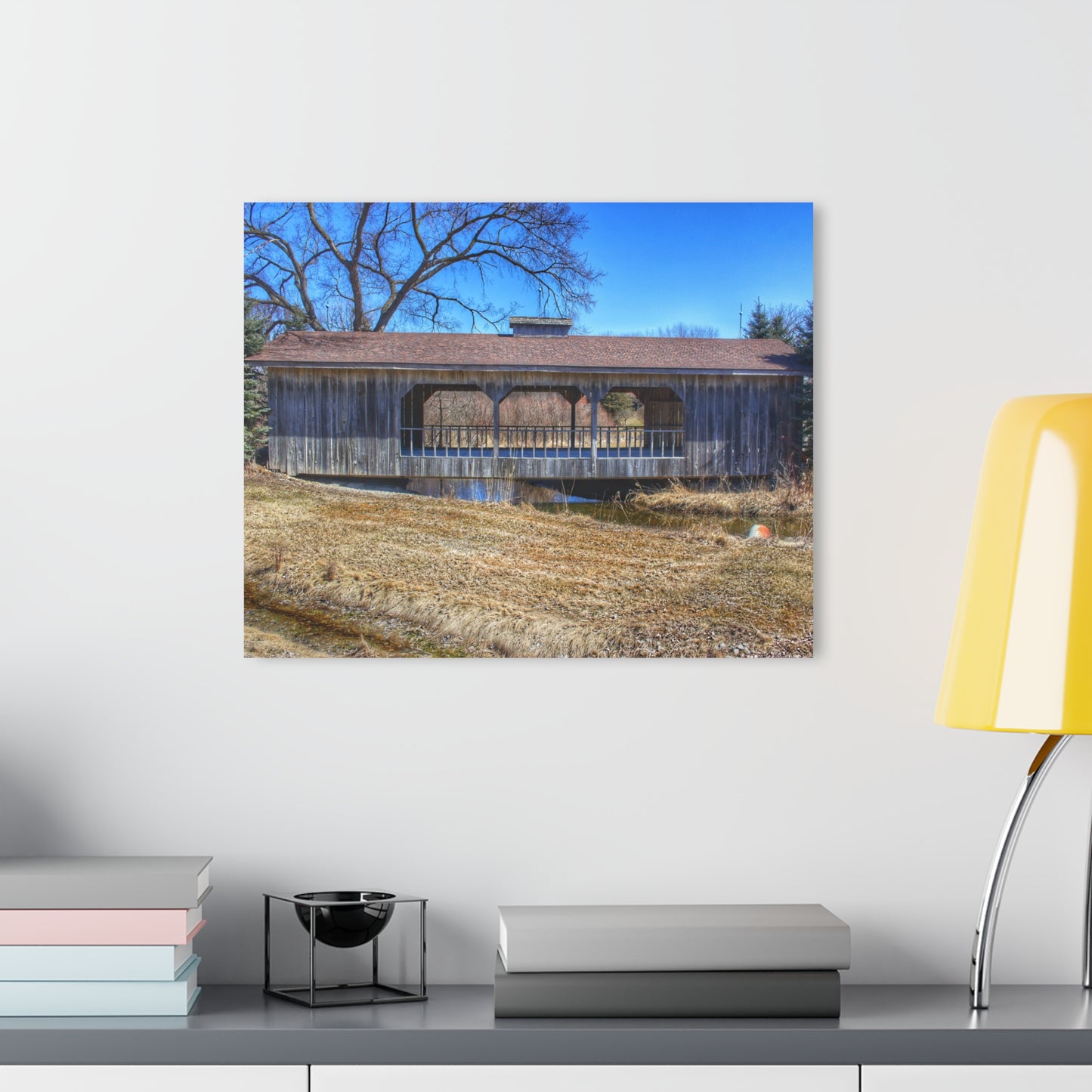 U R There Photography Covered Bridge of Campground Road II Rustic Farmhouse Acrylic Wall Print