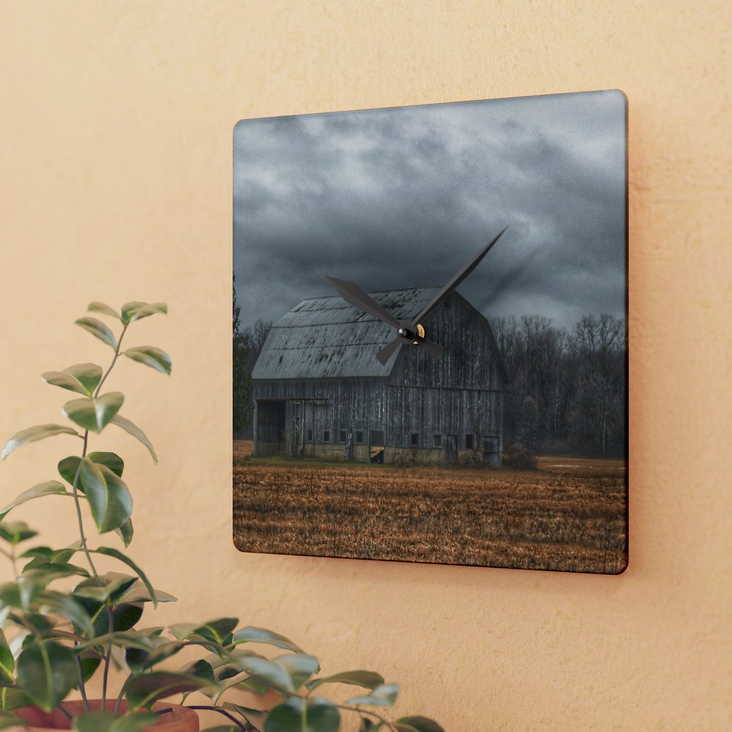 U R There Photography Grey Barn and Tree Rustic Farmhouse Acrylic Analog Wall Clock