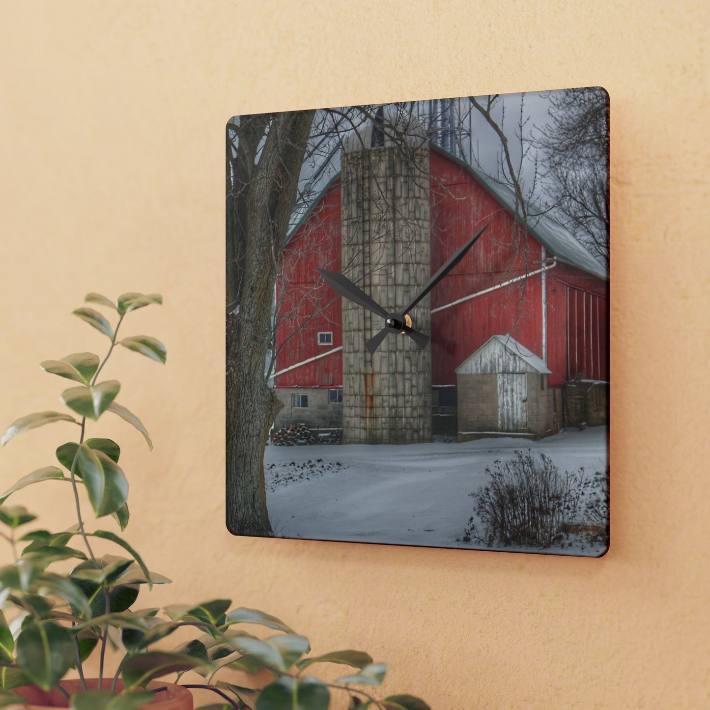 U R There Photography Frenchline Road Red in Winter Rustic Farmhouse Acrylic Analog Wall Clock