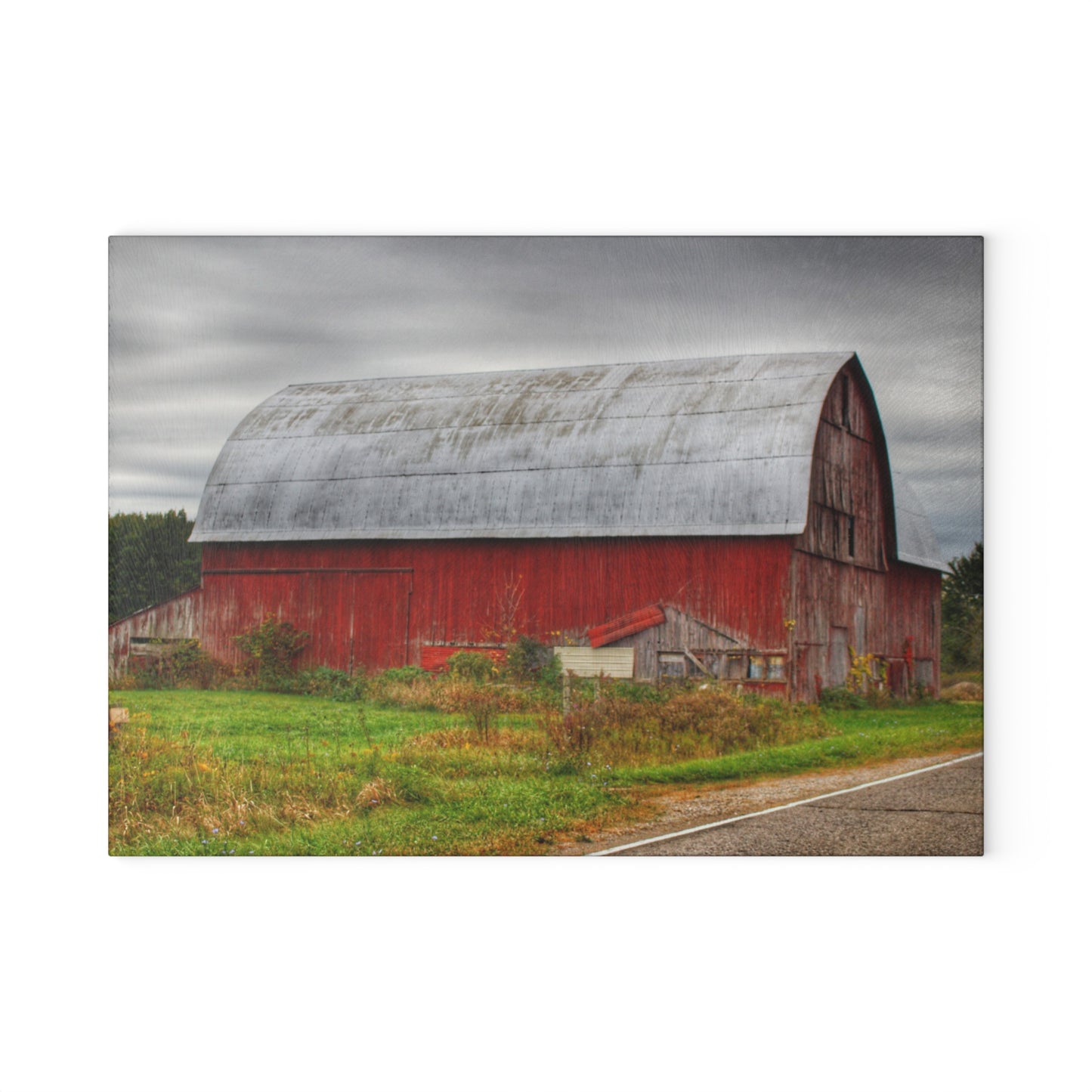 U R There Photography Valentine Road Red Saltbox Rustic Farmhouse Tempered-Glass Cutting Board
