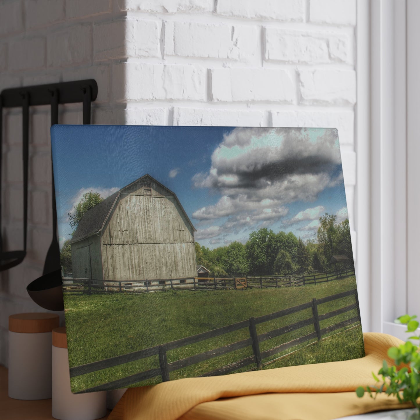 Barn Boutique Rustic Tempered-Glass Cutting Board| White Barn on a Sunny Day