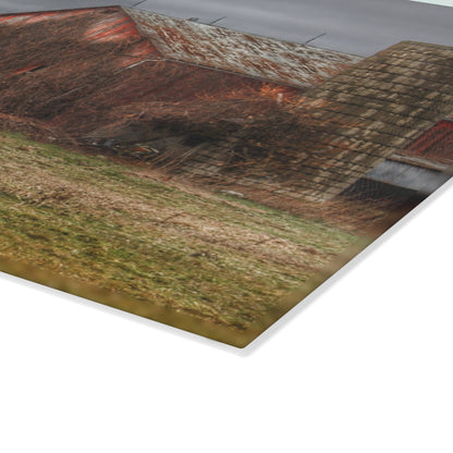 U R There Photography Slattery Road Old Red and Silo II Rustic Farmhouse Tempered-Glass Cutting Board 8"x 11"d