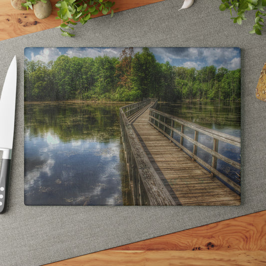 U R There Photography Linear Park Bridge in Lapeer III Rustic Farmhouse Tempered-Glass Cutting Board