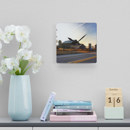 U R There Photography Wilder Road Foggy Morning Greys Rustic Farmhouse Acrylic Analog Wall Clock