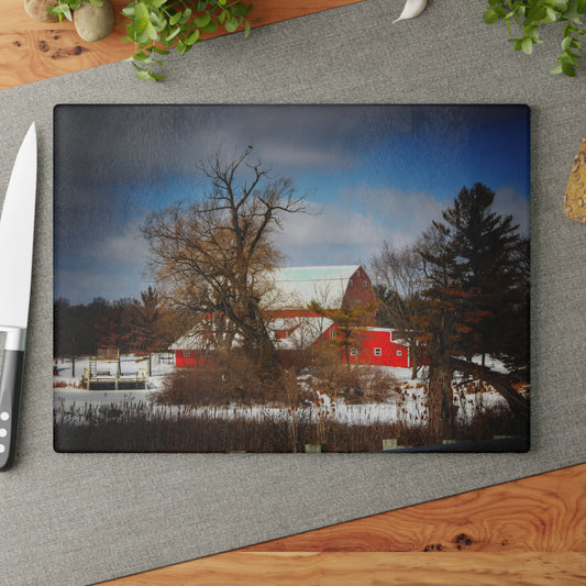 U R There Photography Hadley Road Hidden Winter Red Rustic Farmhouse Tempered-Glass Cutting Board