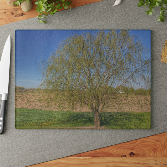 U R There Photography Spring Farm Willow Tree Rustic Farmhouse Tempered-Glass Cutting Board