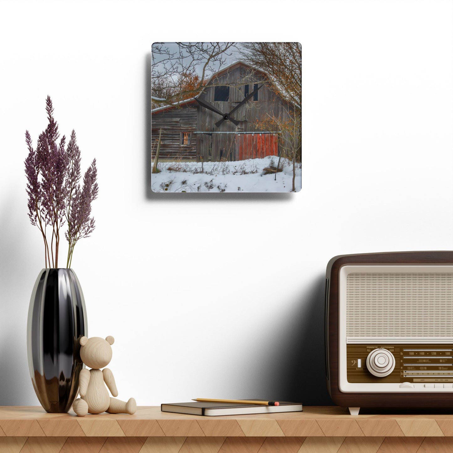 U R There Photography Hayes Road Grey in Winter I Rustic Farmhouse Acrylic Analog Wall Clock