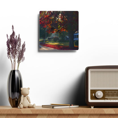 U R There Photography Red Crimson Leaves of Lum Rustic Farmhouse Acrylic Analog Wall Clock