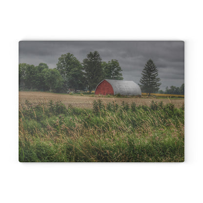 U R There Photography Mayville Road Red Quonset Rustic Farmhouse Tempered-Glass Cutting Board