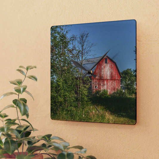U R There Photography Columbiaville Red in Summer I Rustic Farmhouse Acrylic Analog Wall Clock