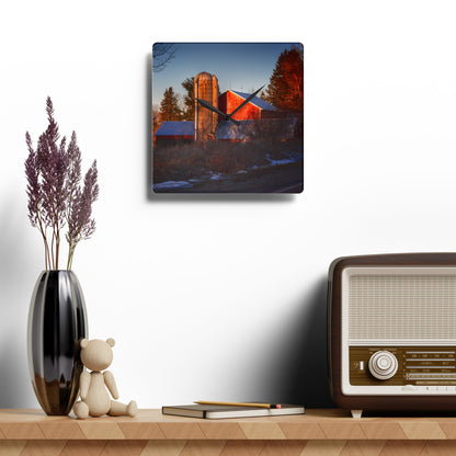 U R There Photography Mount Morris Road Reds and Silo in Winter Rustic Farmhouse Acrylic Analog Wall Clock