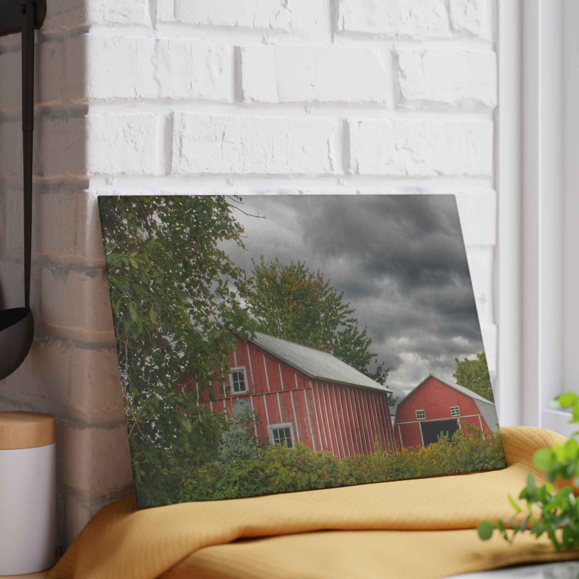 U R There Photography Pinstripe Barn and Buddy I Rustic Farmhouse Tempered-Glass Cutting Board