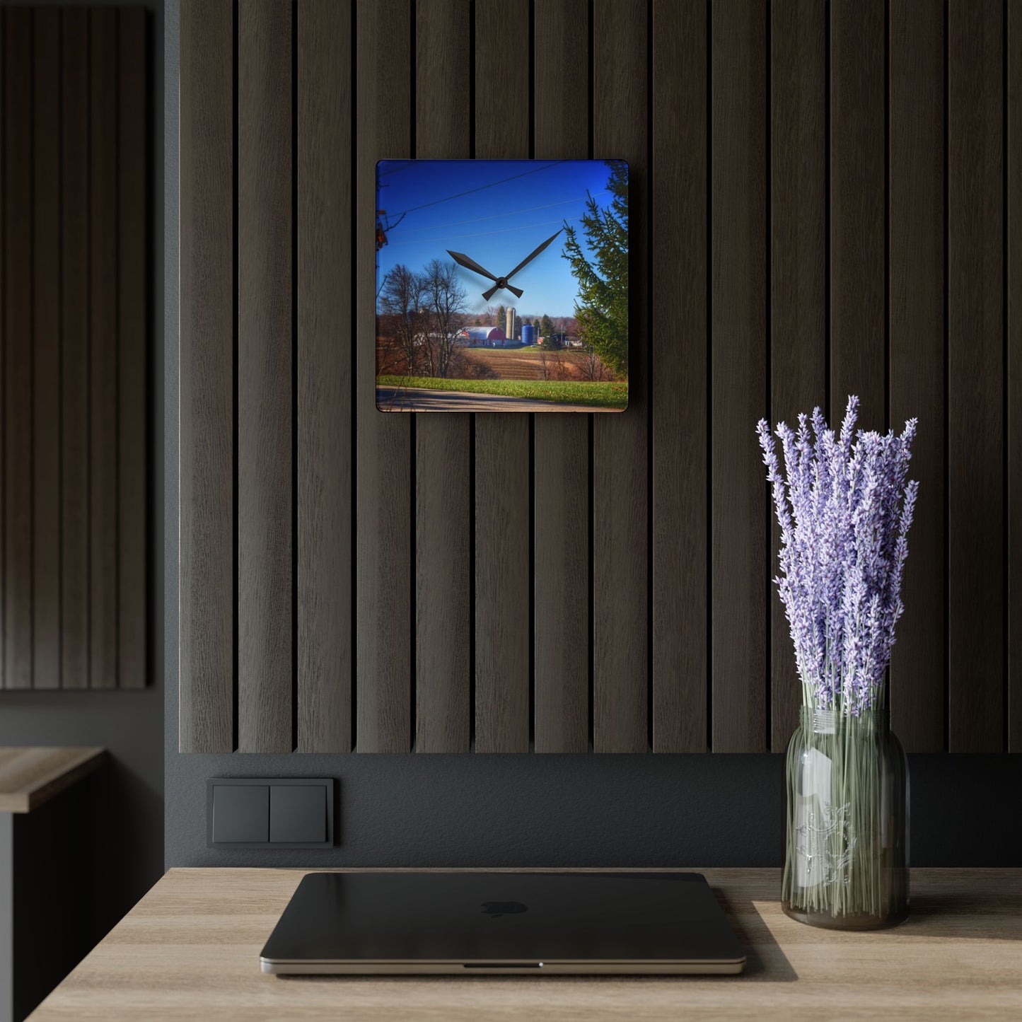 U R There Photography Across the Field on Brocker Road Rustic Farmhouse Acrylic Analog Wall Clock