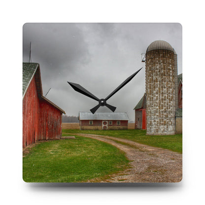 U R There Photography Roedel Roadside Reds II Rustic Farmhouse Acrylic Analog Wall Clock