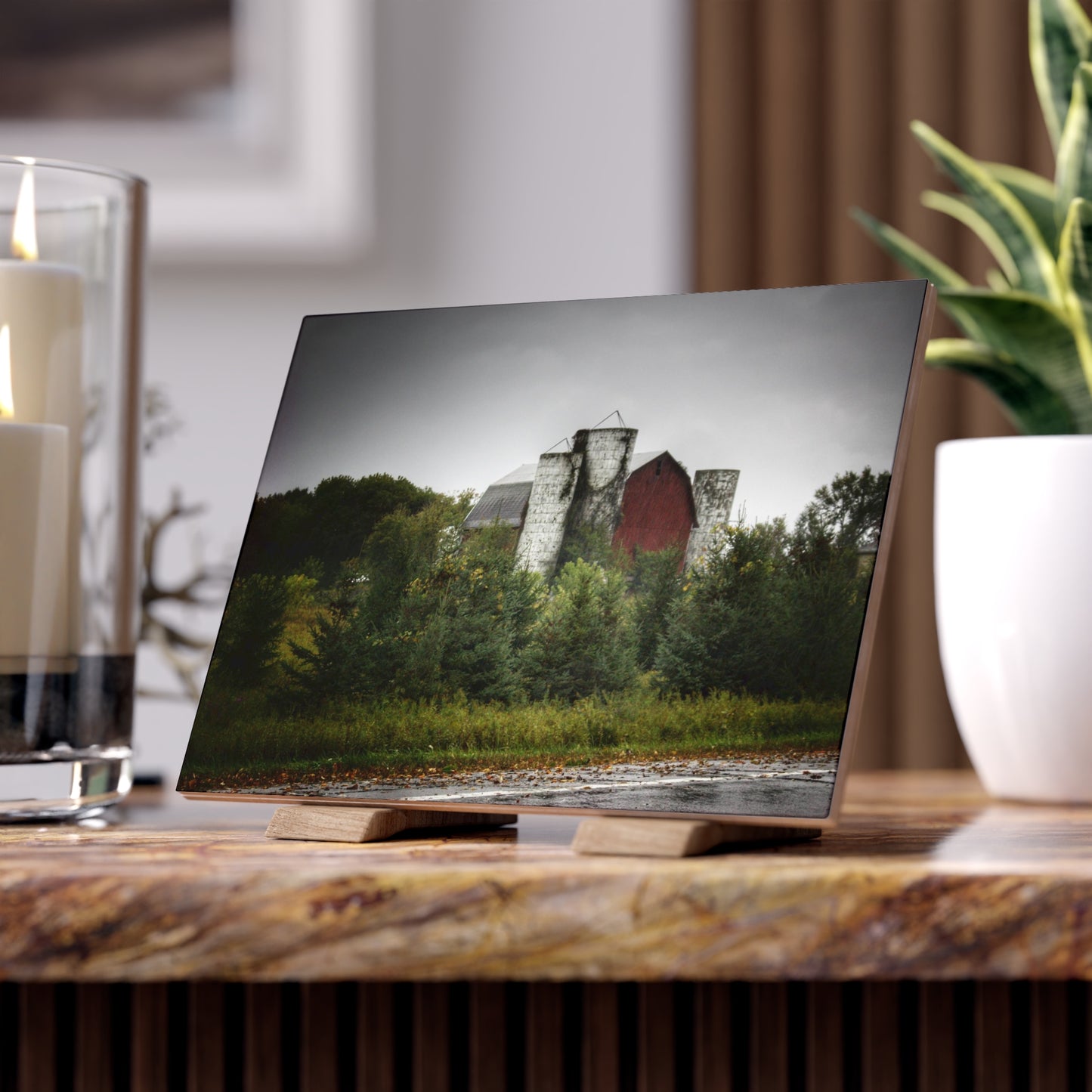U R There Photography Castle Road Red and Silos in the Rain Rustic Farmhouse Decorative Ceramic Tile