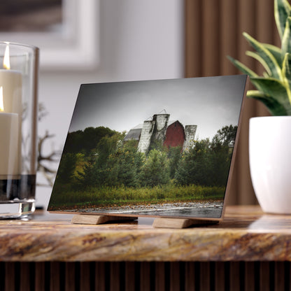 U R There Photography Castle Road Red and Silos in the Rain Rustic Farmhouse Decorative Ceramic Tile