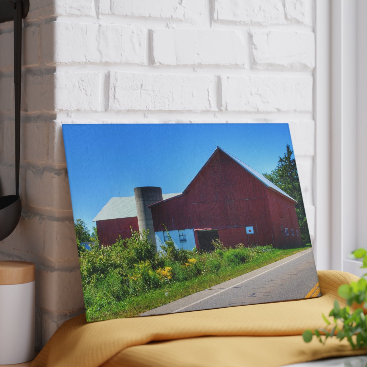 U R There Photography Dryden Road Red Rustic Farmhouse Tempered-Glass Cutting Board