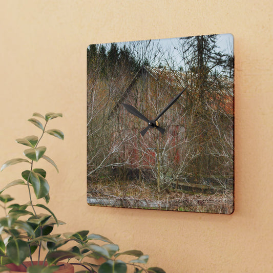 U R There Photography Klam Road Hidden Gable Red Rustic Farmhouse Acrylic Analog Wall Clock