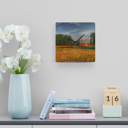 U R There Photography Red Barn on Golden Field Rustic Farmhouse Acrylic Analog Wall Clock